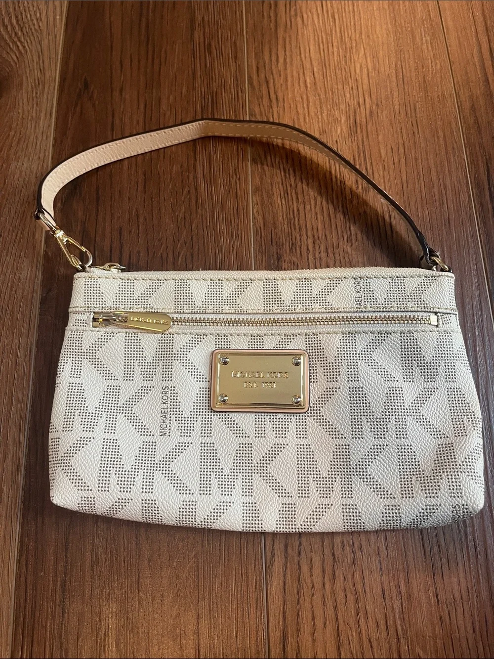 Michael Kors Jet Set Large Logo Wristlet in Vanilla with Gold Hardware